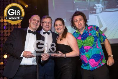 Composite Wood Company wins the G16 Award for Promotional Campaign of the Year – Retail, accepted by Andy and Sarah Ball of Balls2 Marketing