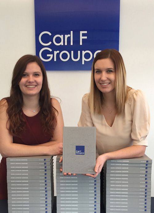Carl F Groupco’s marketing assistan,t Rebecca Haynes (left) and marketing manager, Clare Crockett, launch the company’s new hardware catalogue