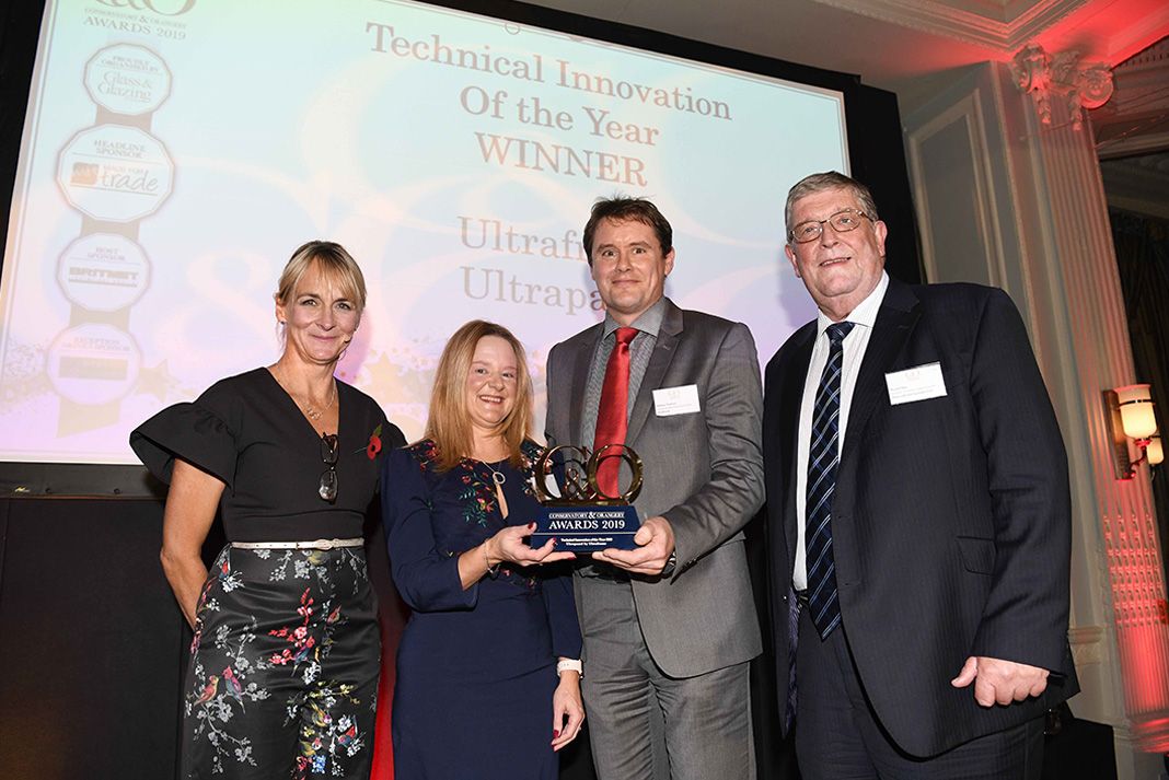 C&O Awards host, Louise Minchin, Ultraframe’s Alex Hewitt and Andrew Thomson, GGF director of home improvement, Russell Day
