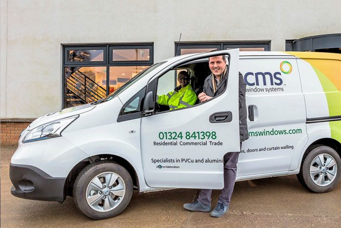 Jamie Hepburn MSP, Scotland’s Minister for Business, Fair Work and Skills, during a recent visit to CMS Window Systems to see how the company is ‘greening’ its vehicle fleet with the addition of 100% plug-in electric vans. At the wheel is CMS environmental advisor Amy Ledger
