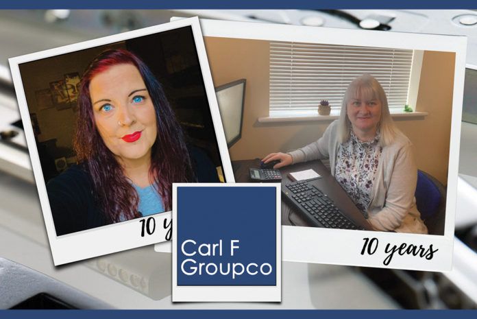 Nathalie McKee (left) and Lisa Davy have celebrated ten years working for hardware distributor, Carl F Groupco. Pictures show Nathalie and Lisa working from their home offices during the pandemic.